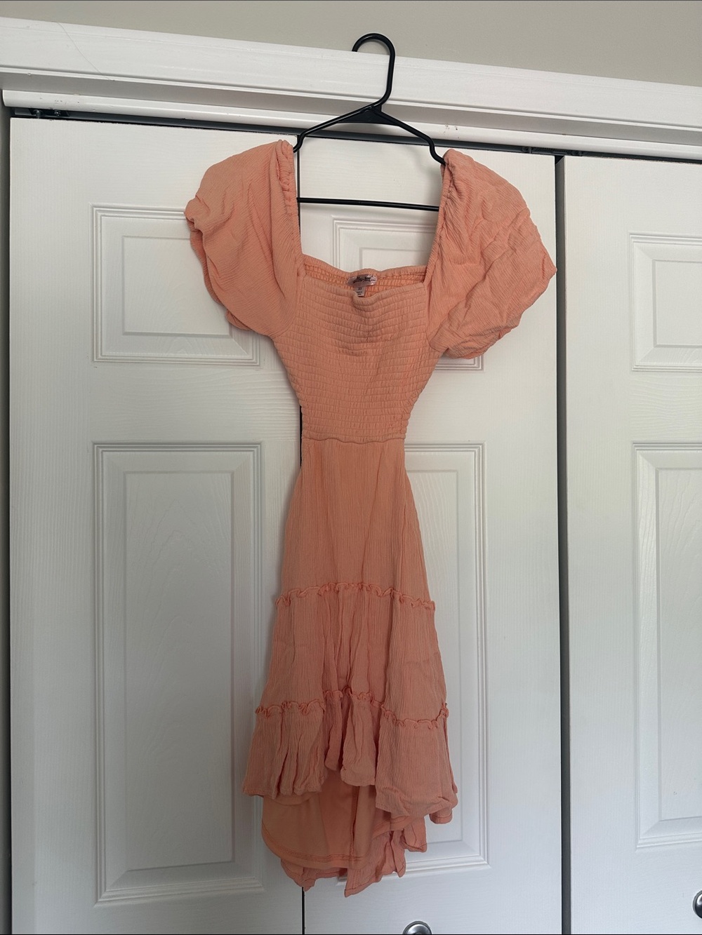 Peach High-Low Puff Sleeve Smocked Dress